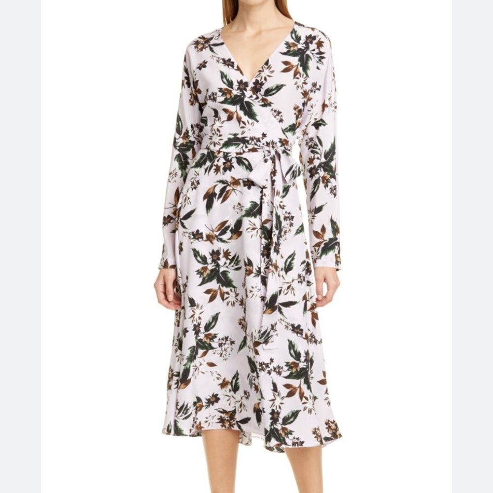 Diane von Furstenberg Elle Floral Silk Long-Sleeve Wrap Midi Dress size medium
